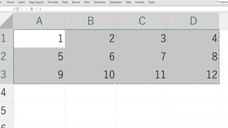 Excelでコピーした3行4列のセル。1から12までの数値が入っている。